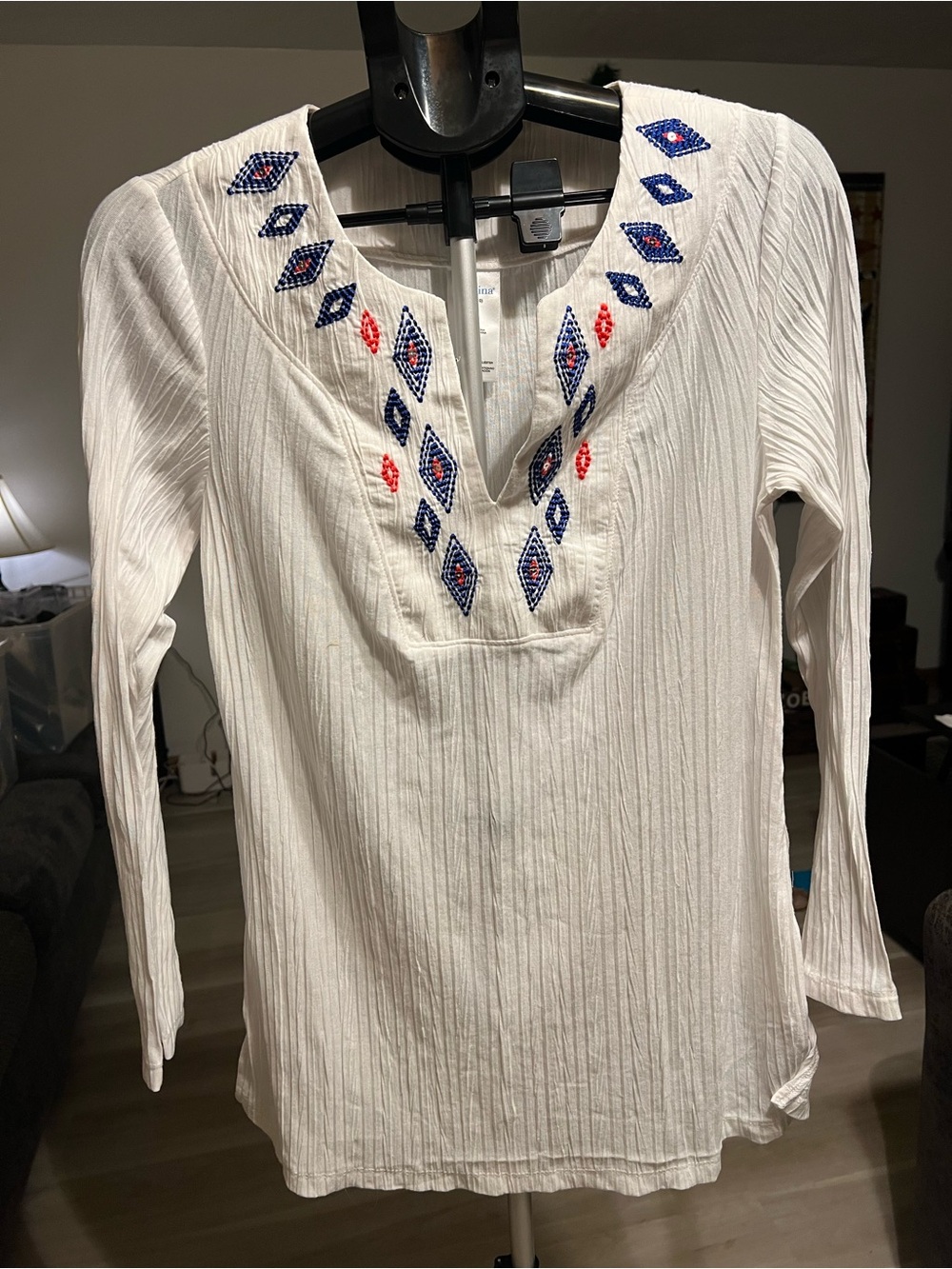 Catalina White Long-Sleeve V-Neck Top with Blue & Red Embroidery